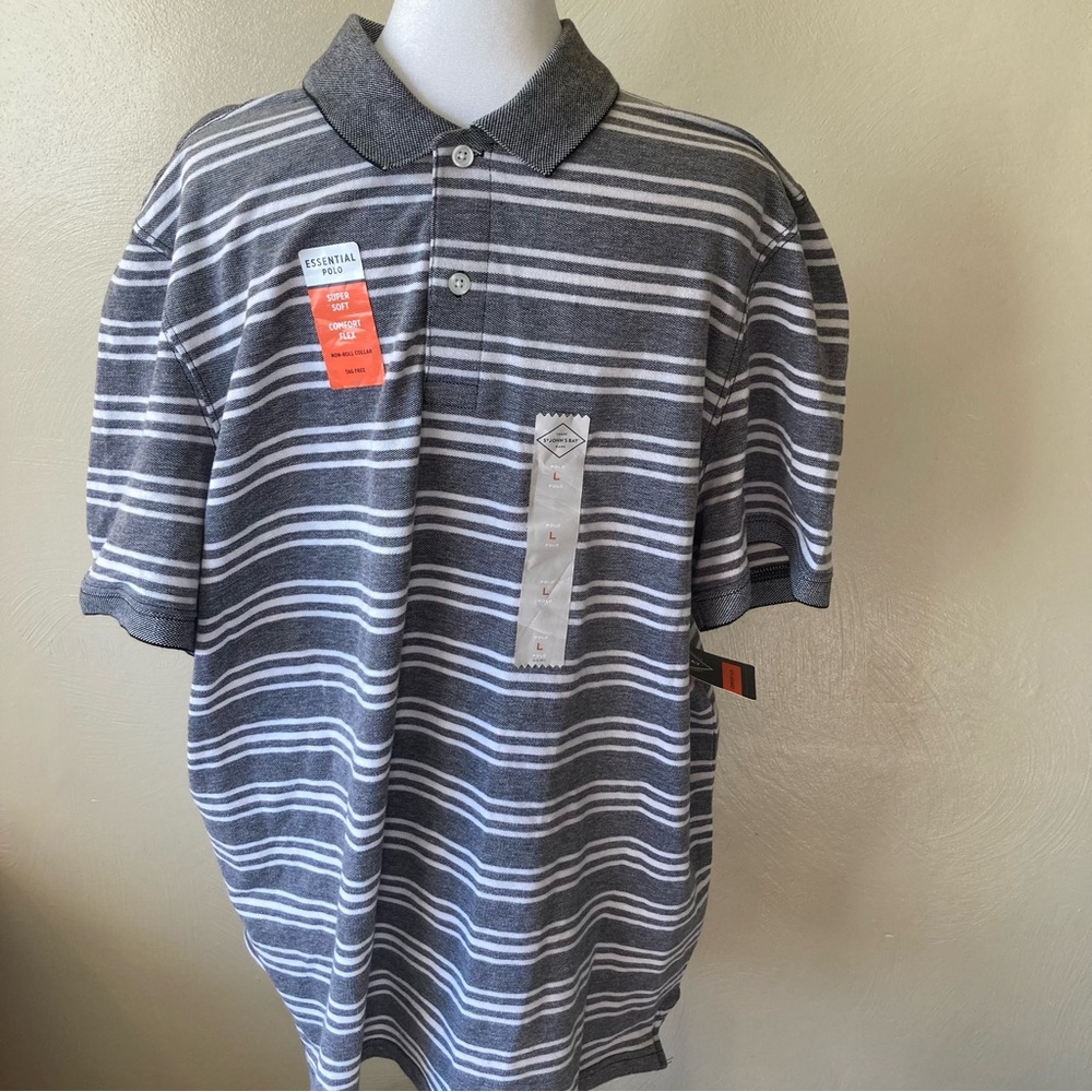 NEW w/ Tags Mens St. John’s Bay Gray & White Stripe Polo Shirt Size Large